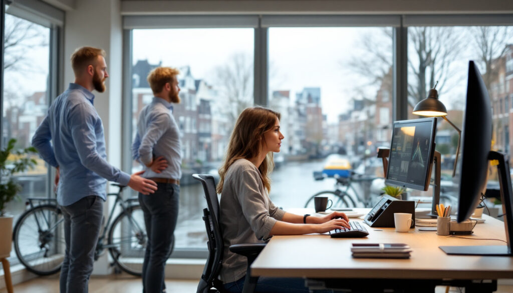 een vrouw werkt op een ergonomische bureaustoel aan een computer, terwijl twee mannen staan en strekken in een modern kantoor met uitzicht op de gracht